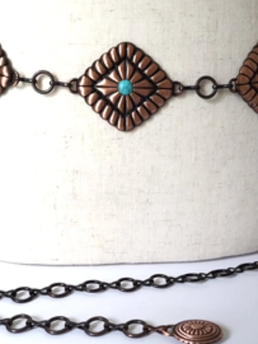 Turquoise Accent Diamond Shape Concho Copper-Tone Linked Waist Chain Belt 39